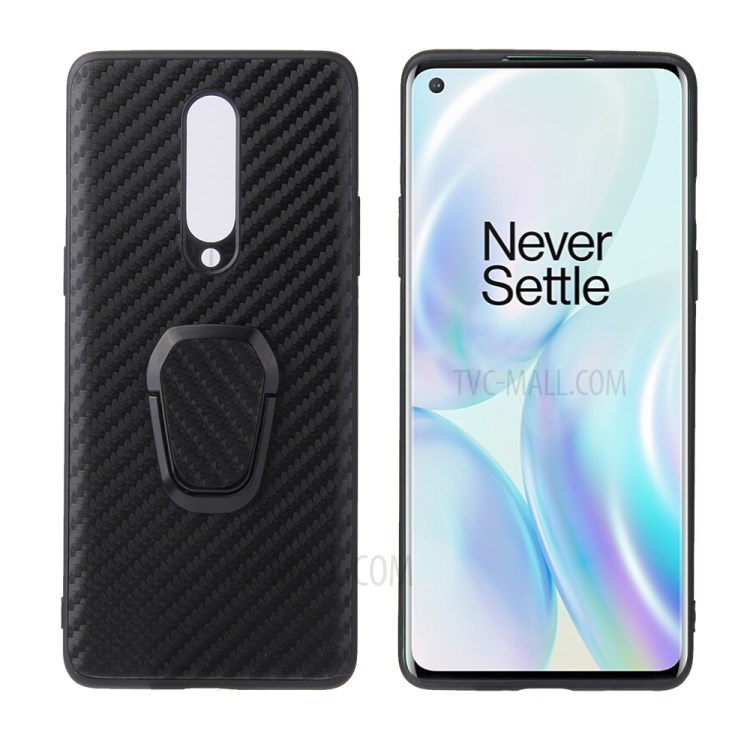 Anneau Béquille PU Cas De TPU Revêtu De Cuir Pour OnePlus 8 Intégré Dans La Feuille De Métal Magnétique - Texture En Fibres De Carbone-1