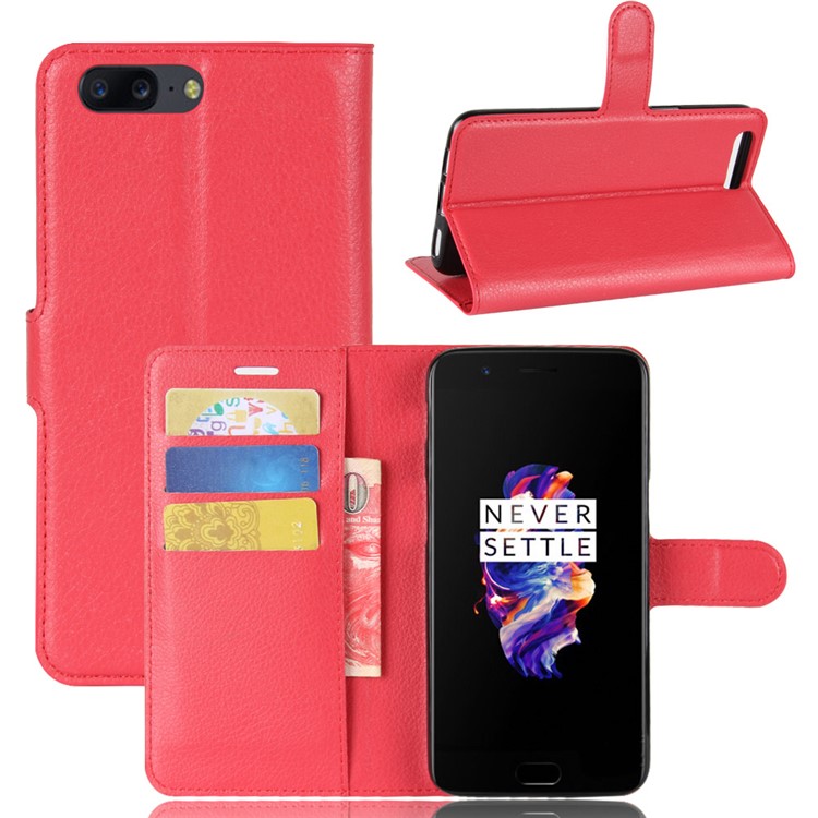 Litchi Skin PU Leather Wallet Suporte de telefone celular para OnePlus 5 - vermelho-1