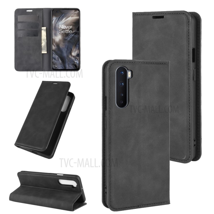 Silky Touch Stylish Auto-absorbed Flip Leather Case for OnePlus Nord - Black-1