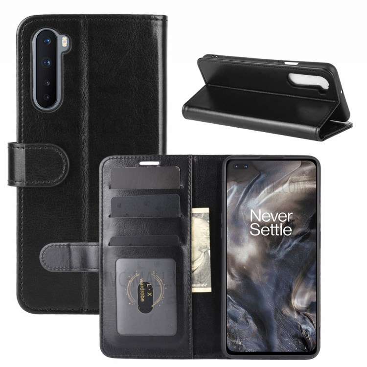 Crazy Horse Skin with Wallet Leather Cover for OnePlus Nord - Black-1