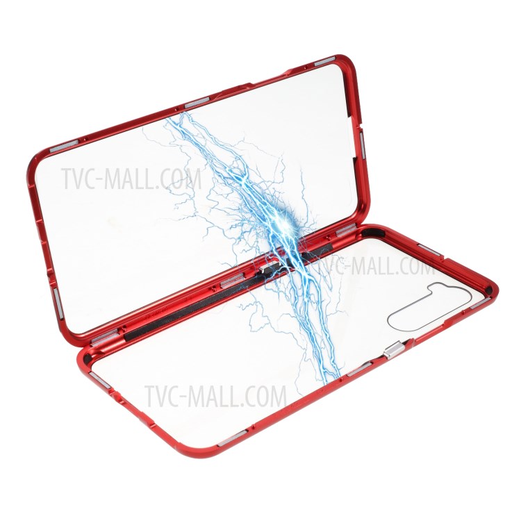 Magnetic Adsorption Metal Frame + Double-sided Tempered Glass Phone Shell for OnePlus Nord - Red-1