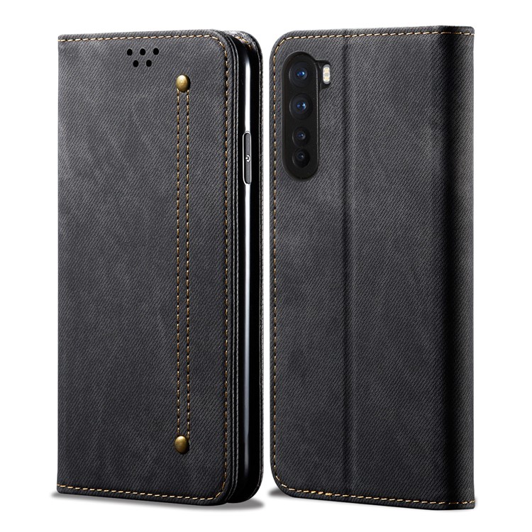 Vintage Style Jeans Cloth Texture Wallet Flip Leather Case for OnePlus Nord - Black-1