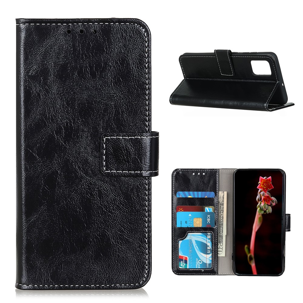 Leather Cover for OnePlus 8T Cover Crazy Horse Texture Wallet Stand Shell - Black-1