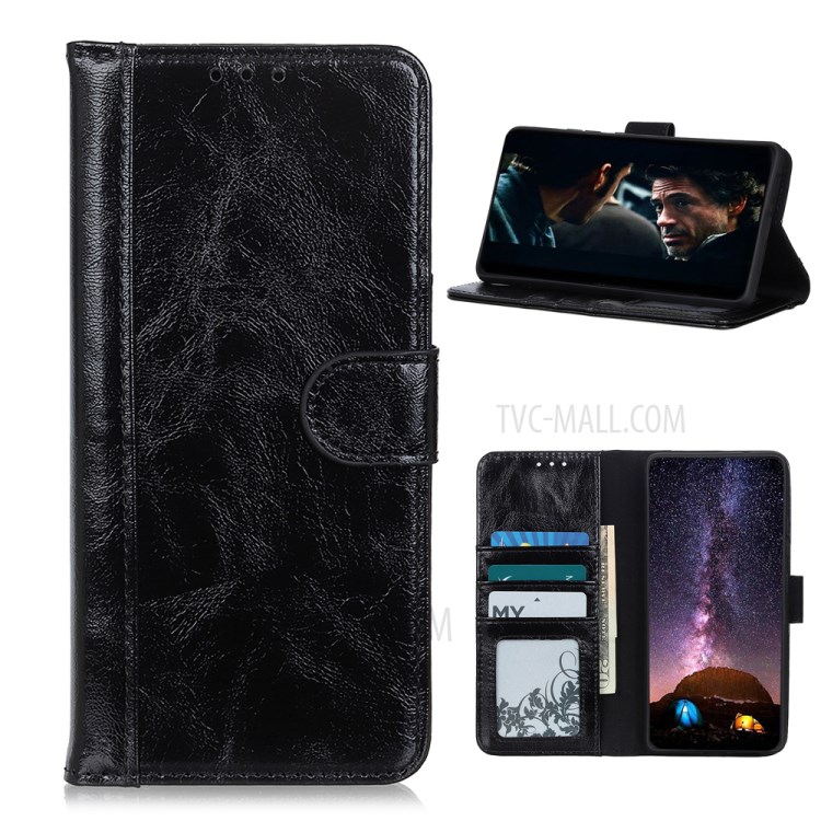 Double Line Crazy Horse Skin Split Leather Phone Cover Shell for OnePlus 8T - Black-1
