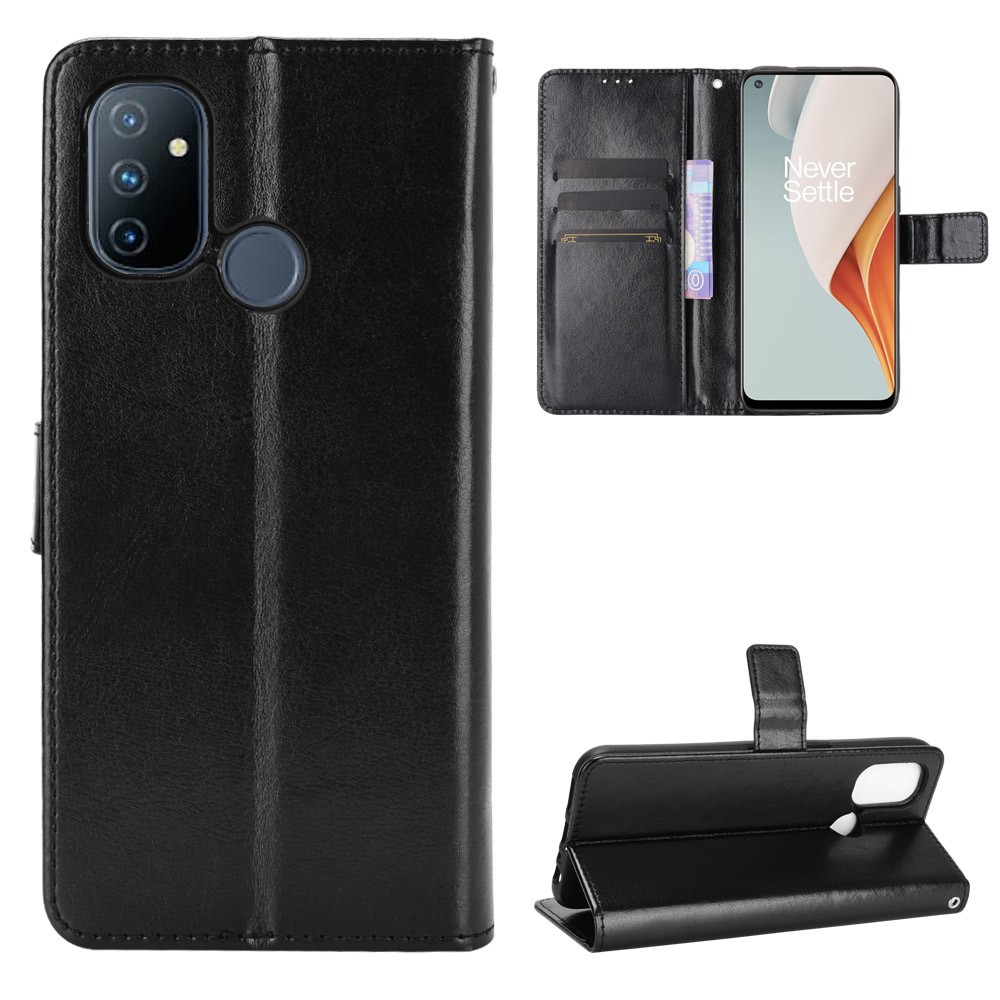 Crazy Horse Wallet Stand Leather Shell with Strap for OnePlus Nord N100 - Black-1