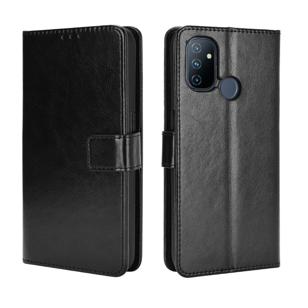 Crazy Horse Wallet Stand Leather Shell with Strap for OnePlus Nord N100 Cell Phone Accessory - Black-7