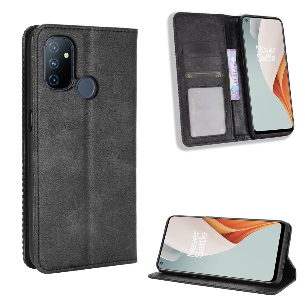Auto-absorbed Retro Leather Wallet Mobile Cover for OnePlus Nord N100 - Black-1