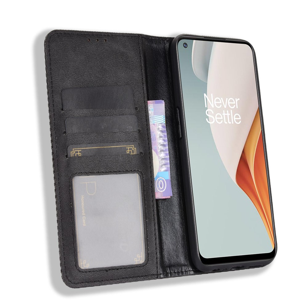 Auto-absorbed Retro Leather Wallet Mobile Cover for OnePlus Nord N100 - Black-4