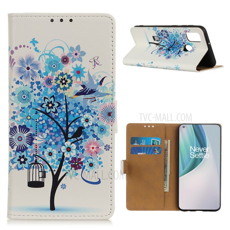 Stylish Printing Wallet Leather Stand Cover for OnePlus Nord N10 5G Protective Shell - Blue Tree-1