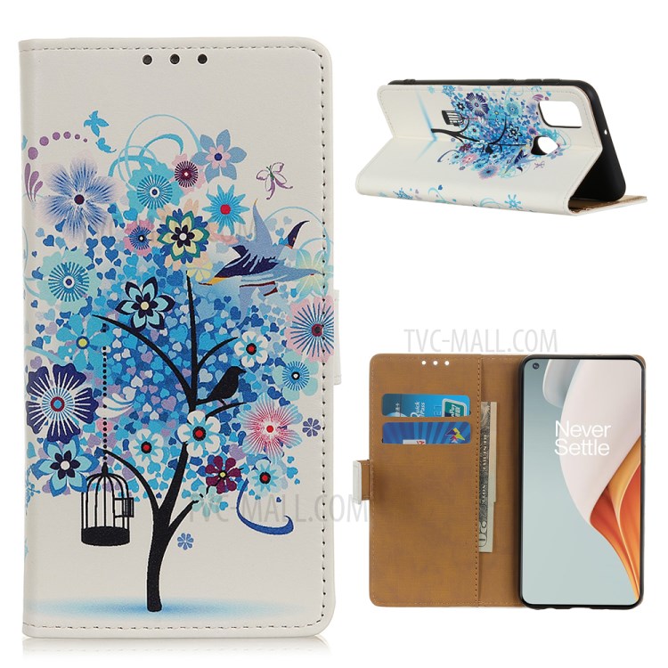 Stylish Patterned Wallet Leather Stand Cover for OnePlus Nord N100 Protective Case - Blue Tree-1