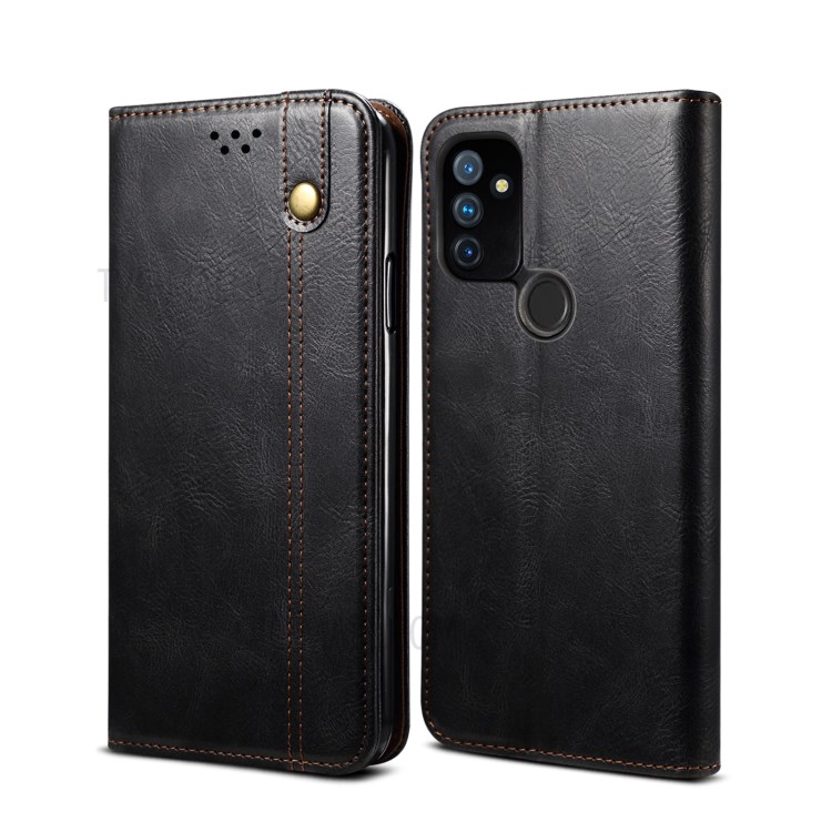 Waxy Crazy Horse Texture TPU + PU Leather Case for OnePlus Nord N100 Phone Cover - Black-1