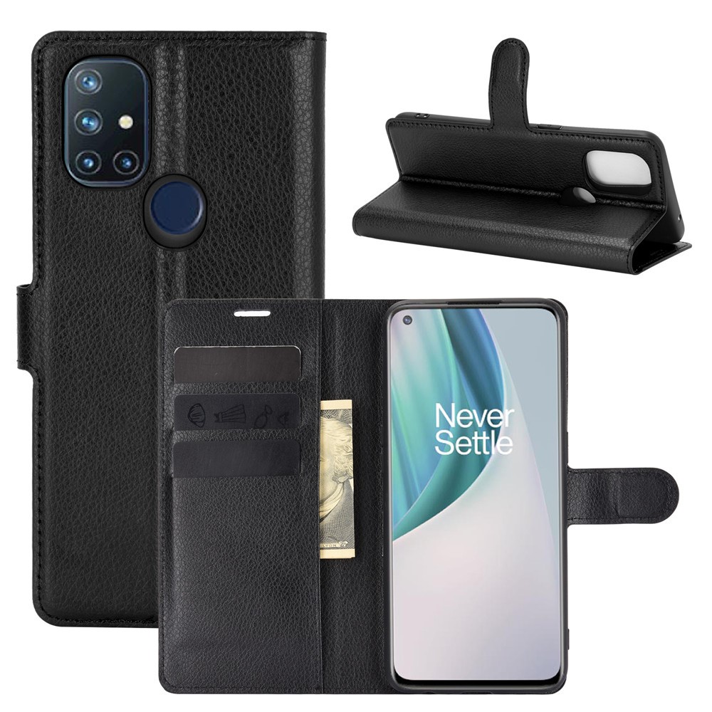 Litchi Texture Wallet Stand Leather Cover Shell for OnePlus Nord N10 5G with Flexible TPU Inner Case - Black