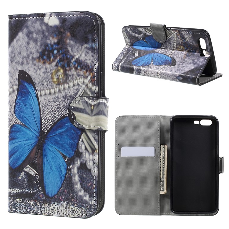 Water Transfer Printing Leather Wallet Stand Phone Case for OnePlus 5 - Blue Butterfly-1