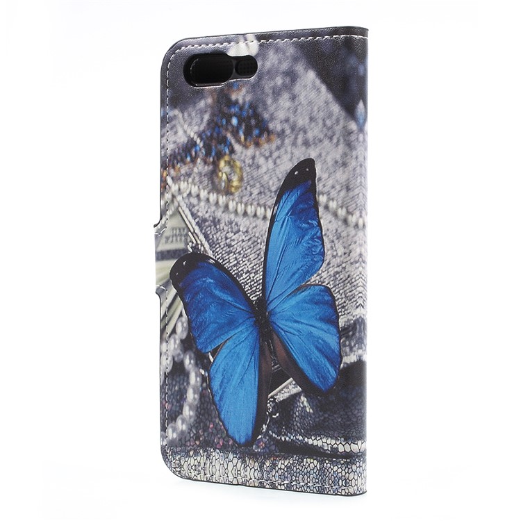 Water Transfer Printing Leather Wallet Stand Phone Case for OnePlus 5 - Blue Butterfly-2