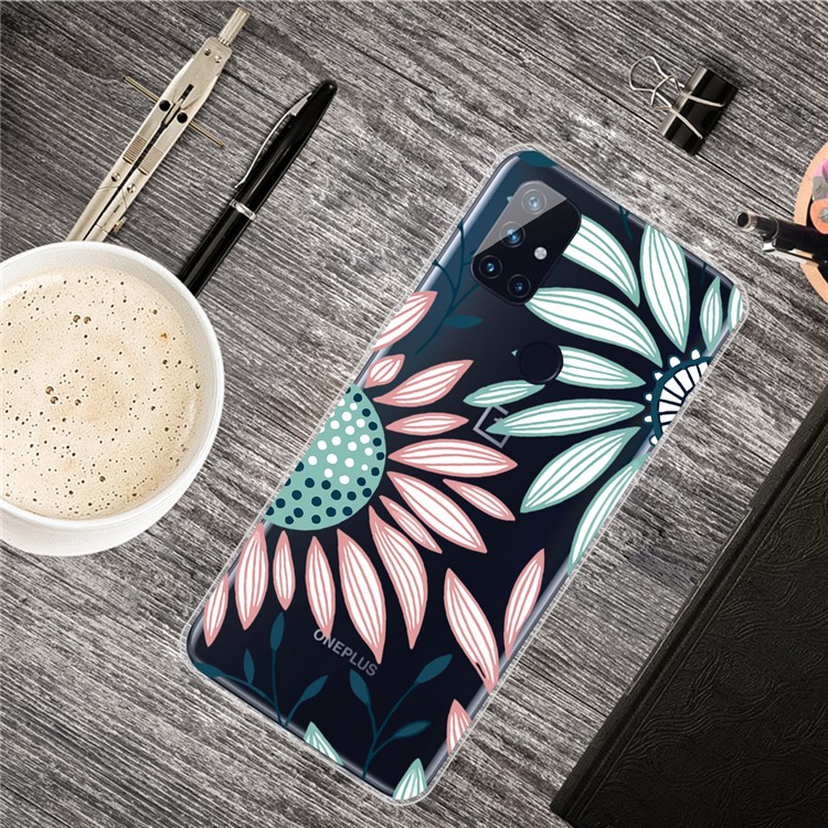 High Transmittance Pattern Printing TPU Soft Cover for OnePlus Nord N10 5G Case - Pink/Cyan Flower-2