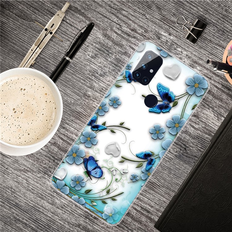 Musterdrucktpu -telefonkoffer Für OnePlus Nord N10 5G - Blauer Schmetterling Und Blume