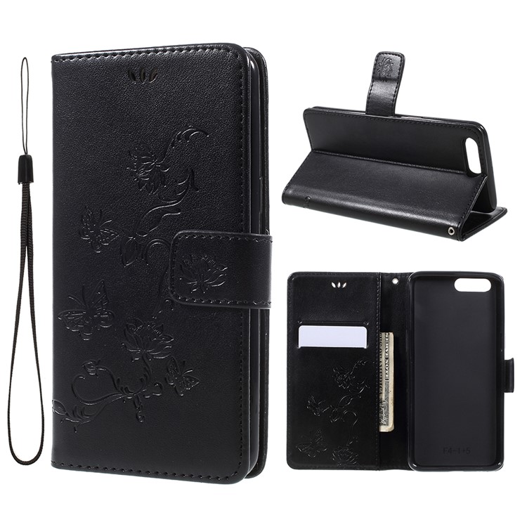 Imprint Butterfly Flower Magnetic Wallet PU Leather Stand Casing with Strap for OnePlus 5 - Black-1