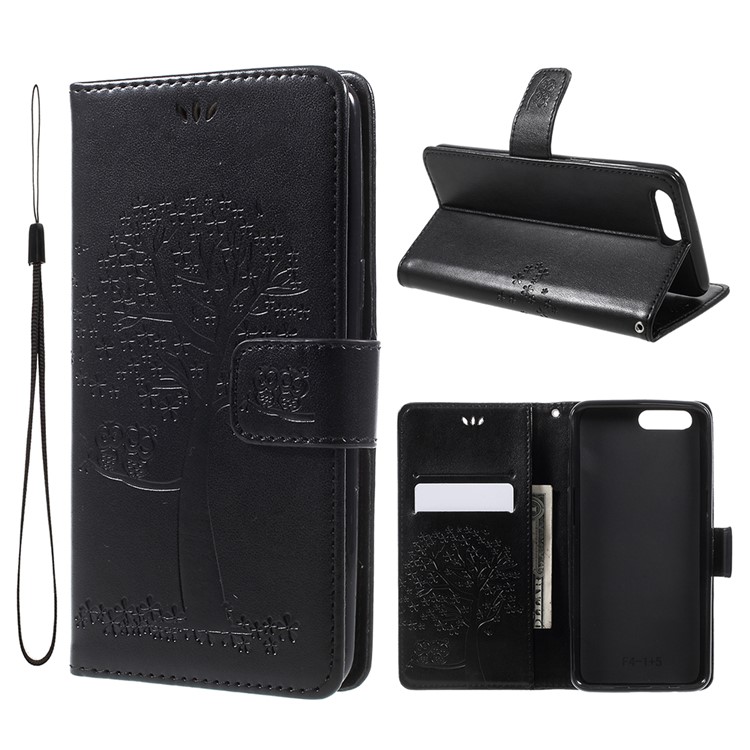 Imprint Tree Owl Magnetic Wallet PU Leather Stand Cover for OnePlus 5 - Black-1