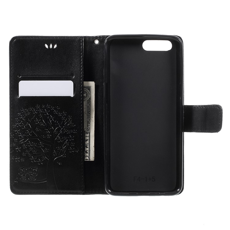 Imprint Tree Owl Magnetic Wallet PU Leather Stand Cover for OnePlus 5 - Black-6
