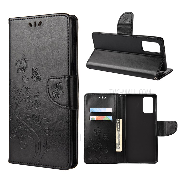 Butterfly and Flower Pattern Imprint Leather Wallet Phone Shell for OnePlus 8T - Black-1