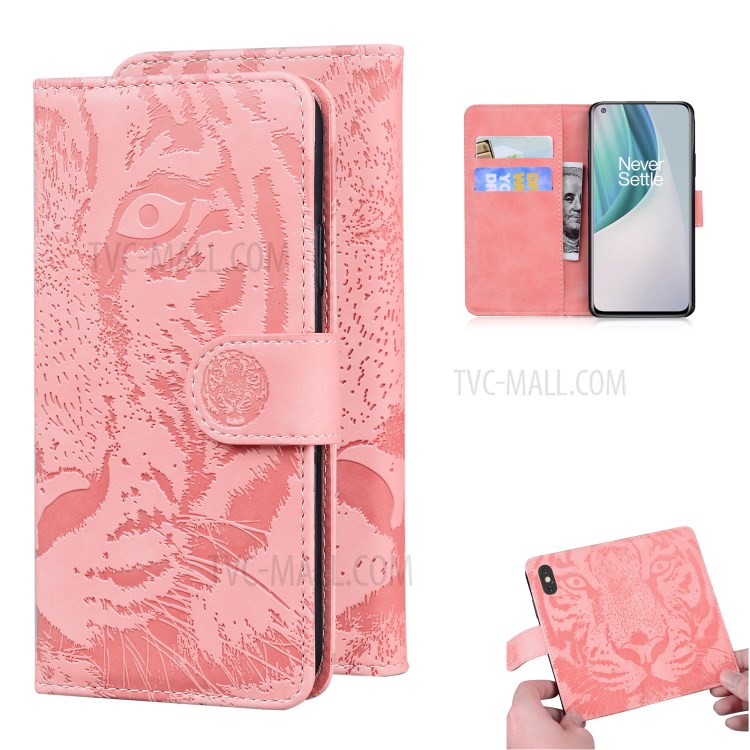 Tiger Face Imprinting Wallet Leather Phone Stand Case for OnePlus Nord N10 5G - Pink-1
