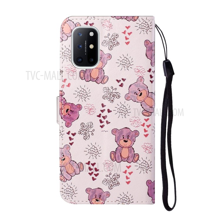 Embossed Patterned Wallet Stand Leather Phone Case with Strap for OnePlus 8T - Bear-1