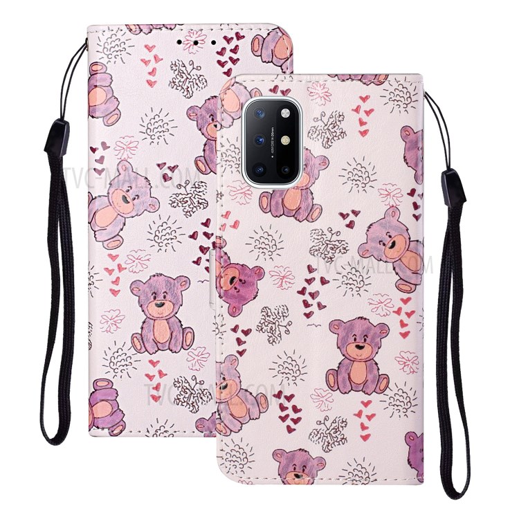 Embossed Patterned Wallet Stand Leather Phone Case with Strap for OnePlus 8T - Bear-2