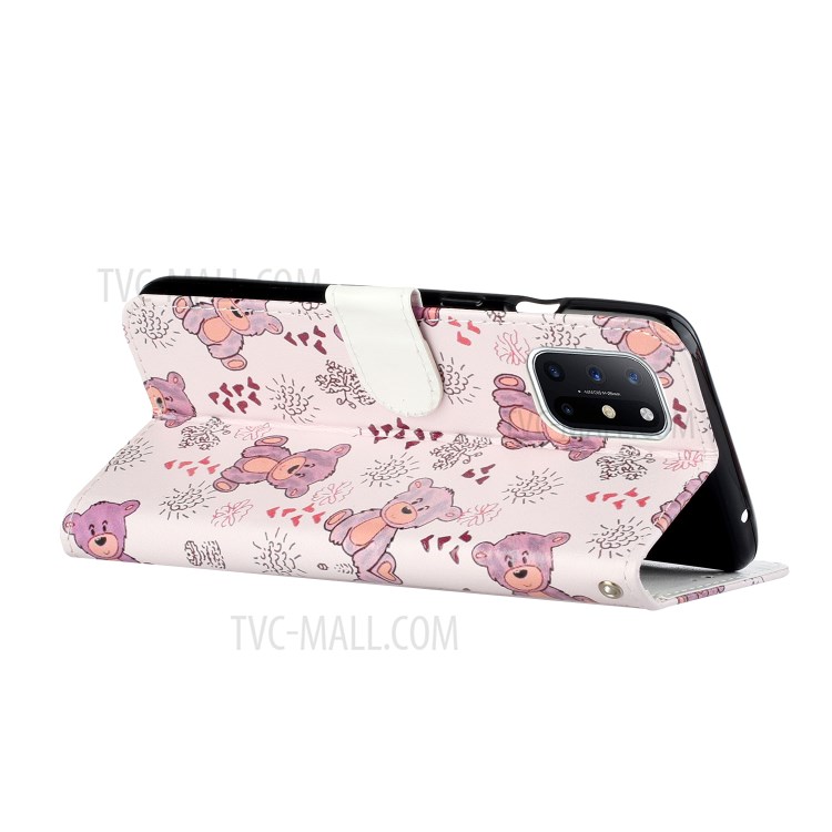 Embossed Patterned Wallet Stand Leather Phone Case with Strap for OnePlus 8T - Bear-5