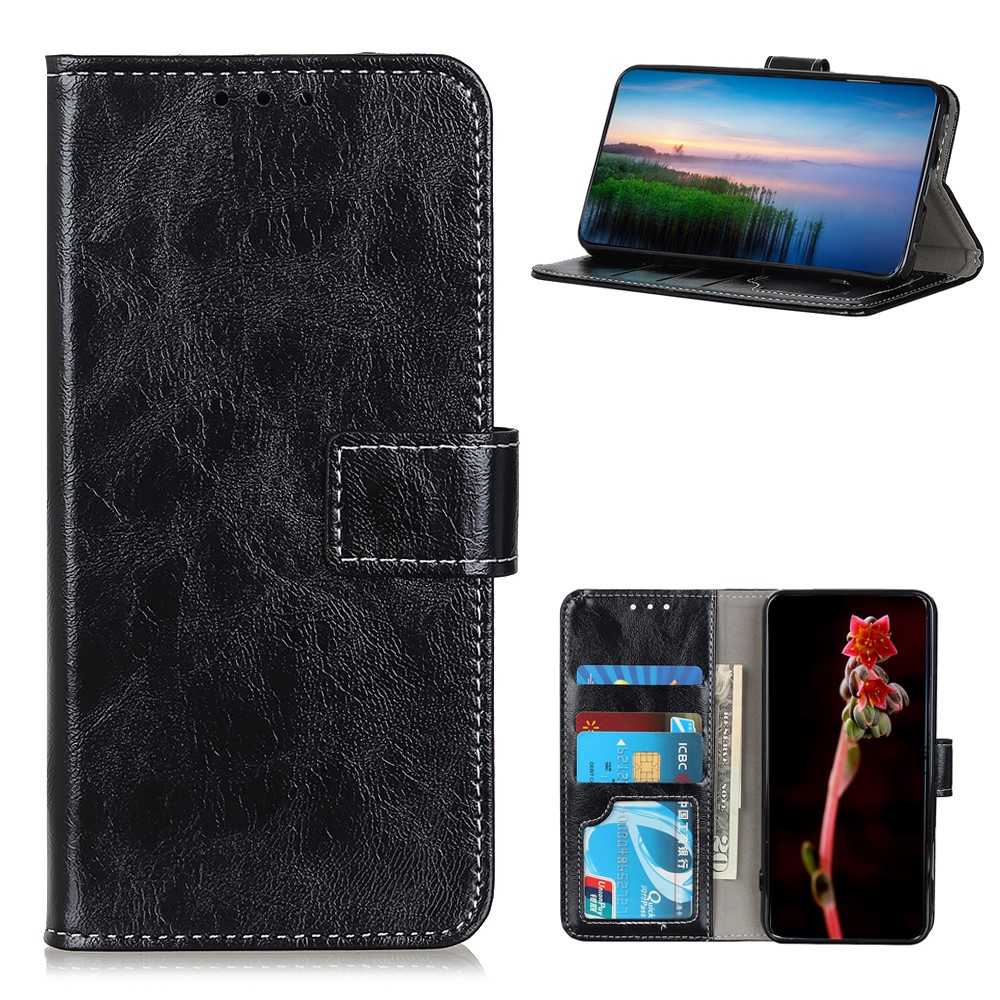 Retro Style Crazy Horse Texture Leather Phone Cover with Wallet Stand Design for OnePlus 9 - Black-1