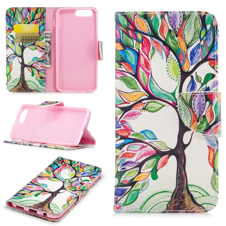 Patterned PU Leather Wallet Stand Protective Phone Shell for OnePlus 5 - Tree with Colorful Leaves-1