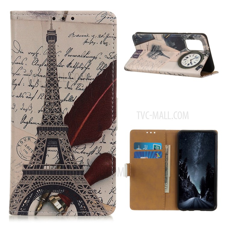 Wallet Stand Protective Cover Case with Pattern Printing Design for OnePlus 9 - Tower and Feather-1
