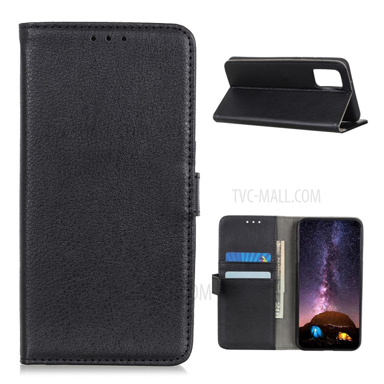 Litchi Grain PU Leather Cellphone Case for OnePlus 9 Wallet Stand Protection Case - Black-1