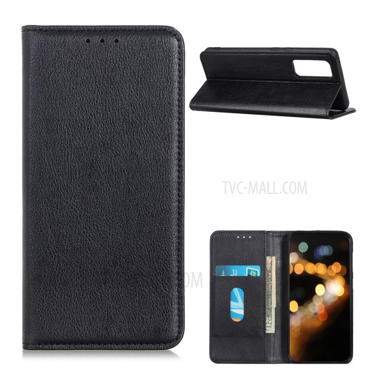 For OnePlus 9 Pro Automatic Suction Litchi Texture Split Leather Cover Case with Wallet Stand Design - Black-1