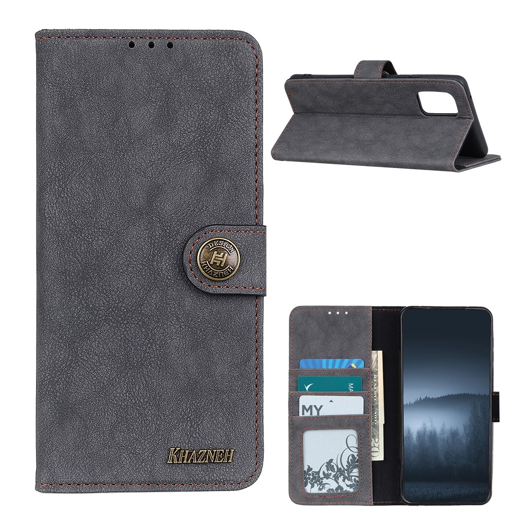 KHAZHEN Retro Stitching Split Leather Phone Cover Case Wallet Design for OnePlus 9 Pro - Black-1