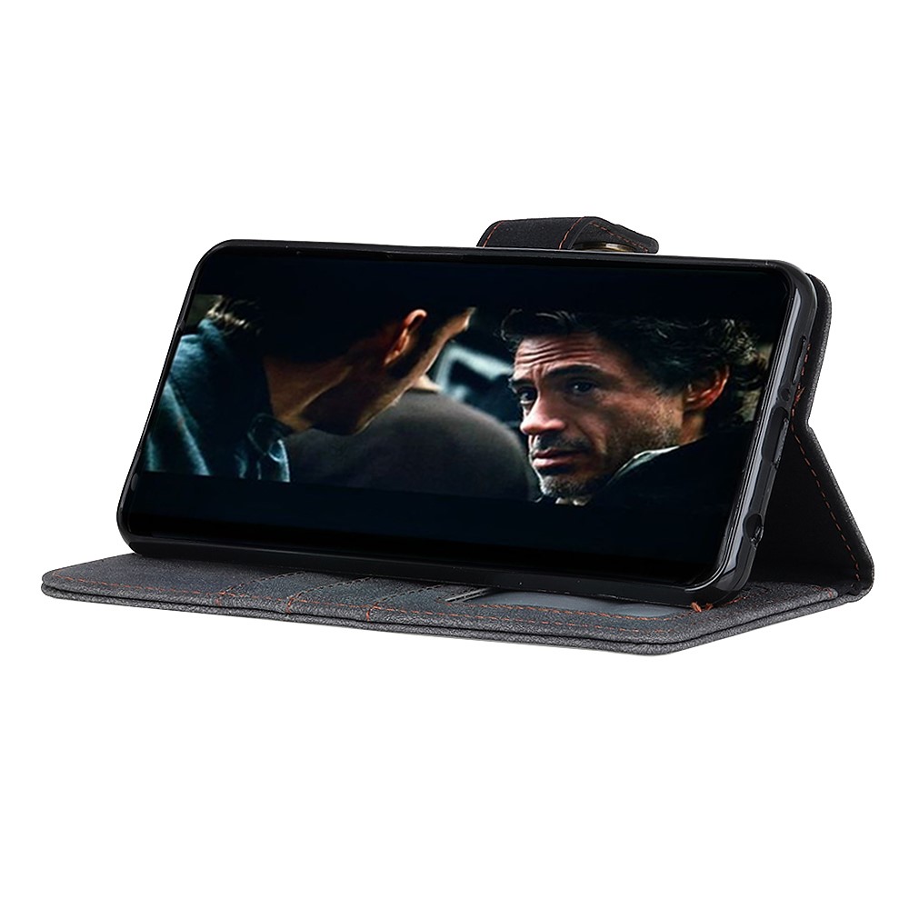 KHAZHEN Retro Stitching Split Leather Phone Cover Case Wallet Design for OnePlus 9 Pro - Black-5