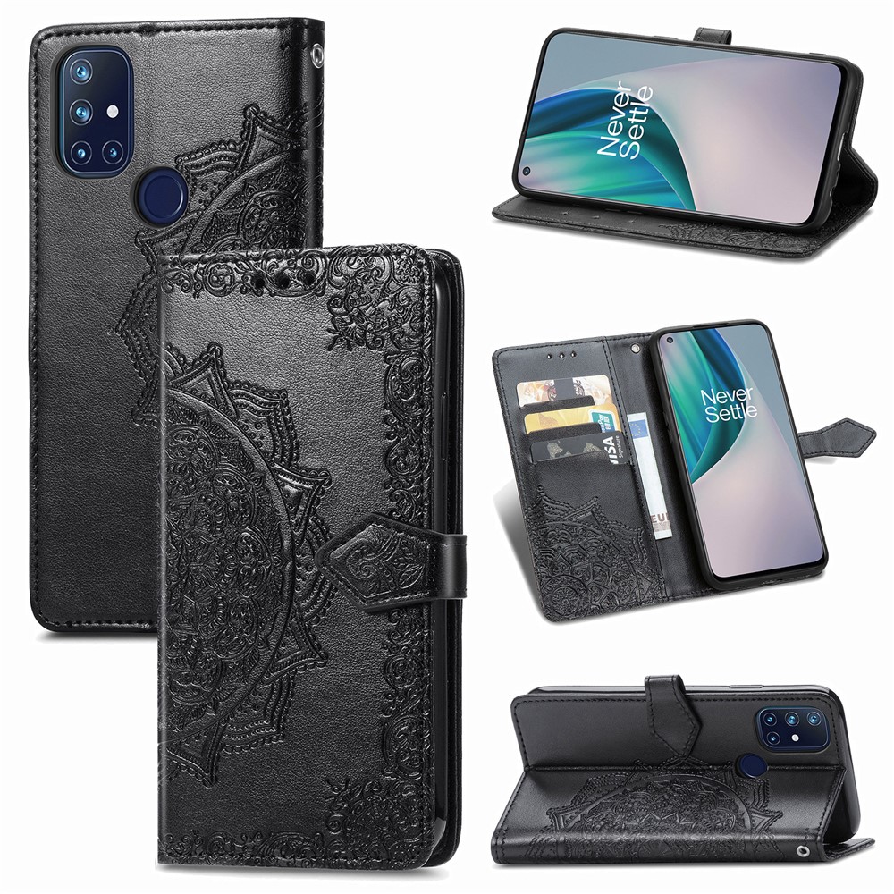 Embossed Mandala Flower Leather Case with Wallet Stand for OnePlus Nord N10 5G - Black-1