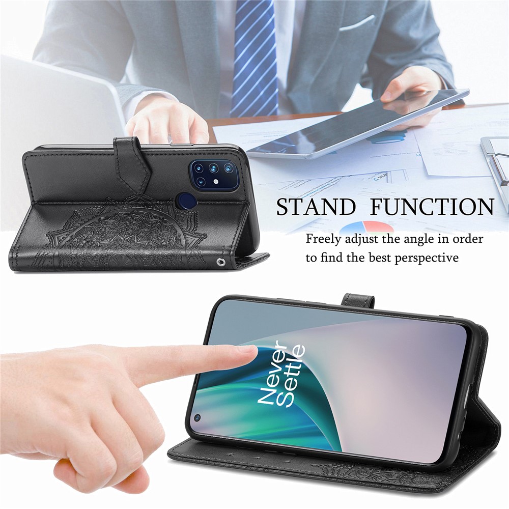 Embossed Mandala Flower Leather Case with Wallet Stand for OnePlus Nord N10 5G - Black-10