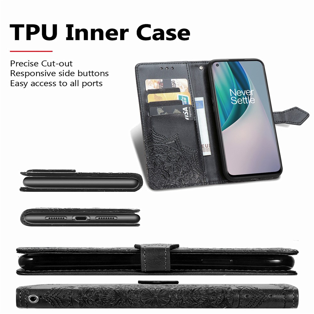 Embossed Mandala Flower Leather Case with Wallet Stand for OnePlus Nord N10 5G - Black-11