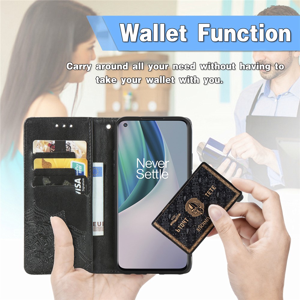 Embossed Mandala Flower Leather Case with Wallet Stand for OnePlus Nord N10 5G - Black-12