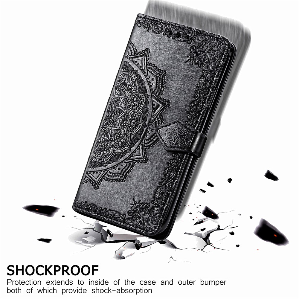 Embossed Mandala Flower Leather Case with Wallet Stand for OnePlus Nord N10 5G - Black-13
