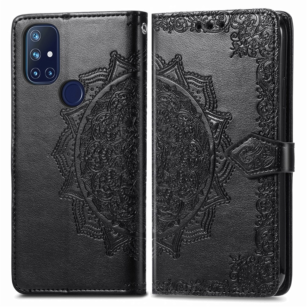 Embossed Mandala Flower Leather Case with Wallet Stand for OnePlus Nord N10 5G - Black-2