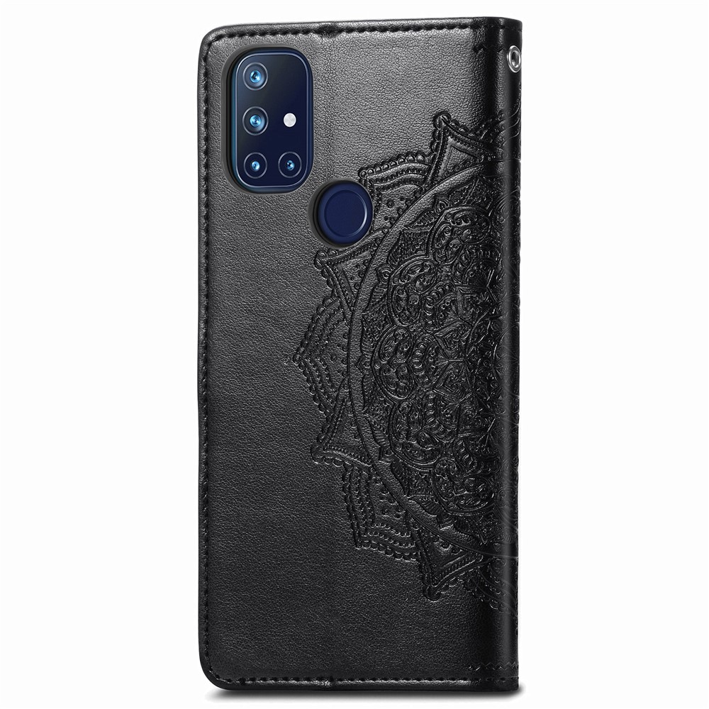 Embossed Mandala Flower Leather Case with Wallet Stand for OnePlus Nord N10 5G - Black-4