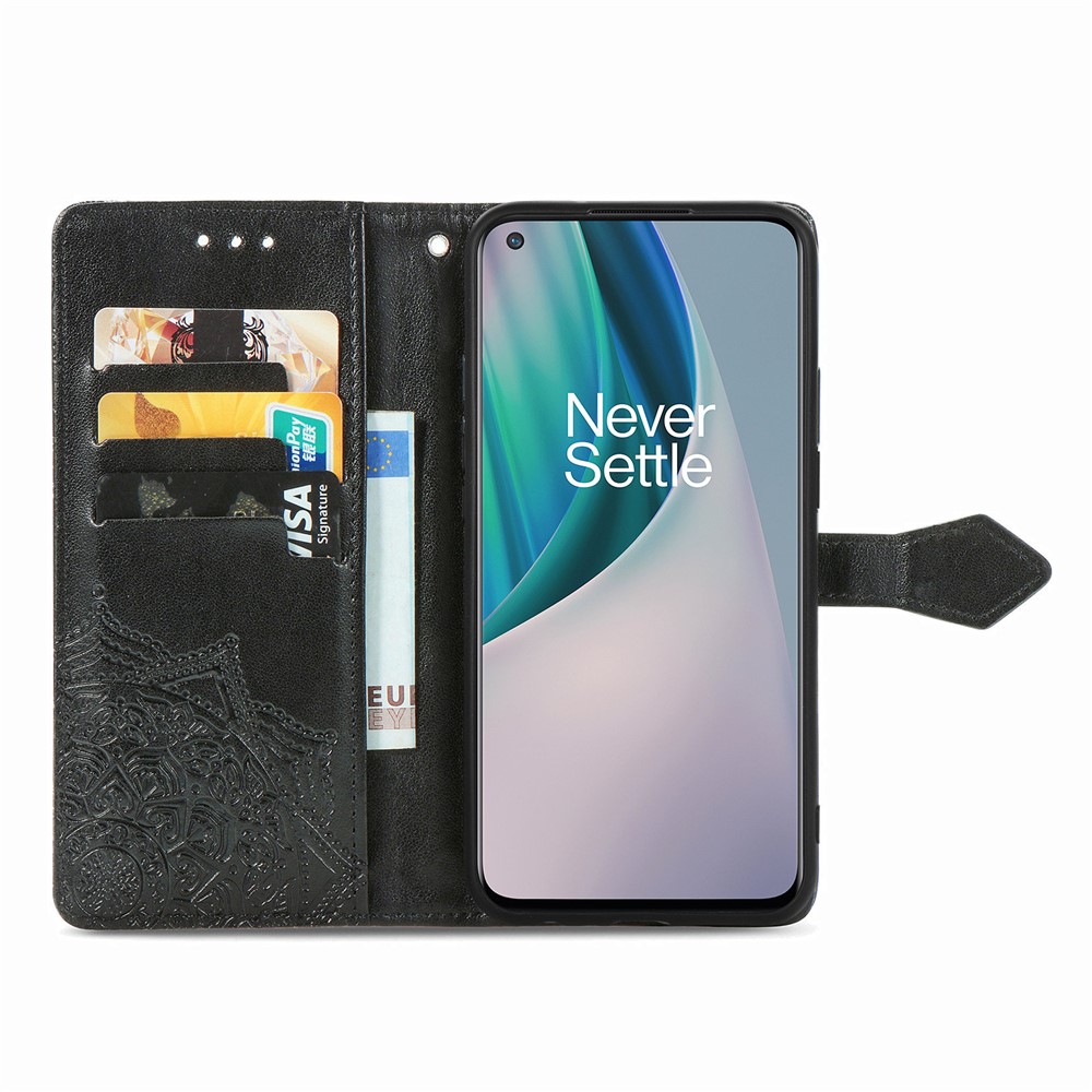 Embossed Mandala Flower Leather Case with Wallet Stand for OnePlus Nord N10 5G - Black-5