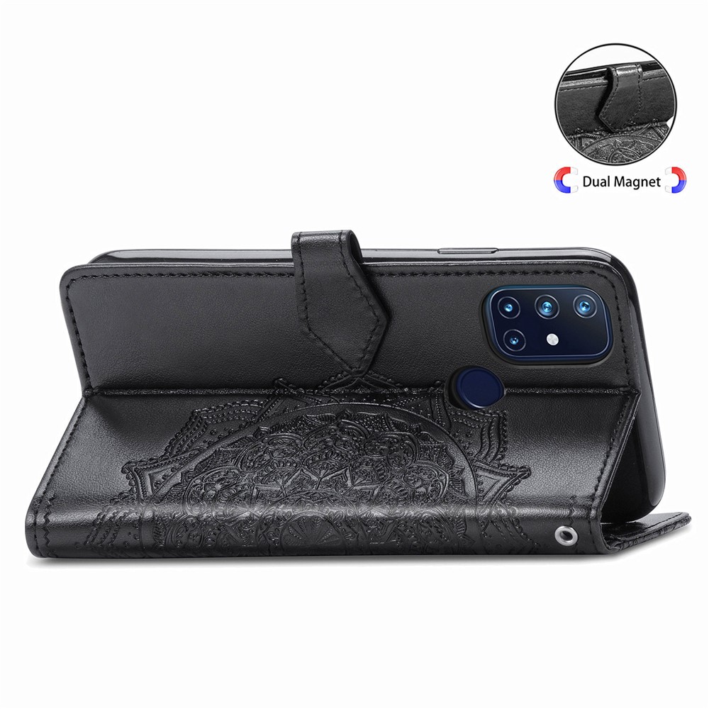 Embossed Mandala Flower Leather Case with Wallet Stand for OnePlus Nord N10 5G - Black-7