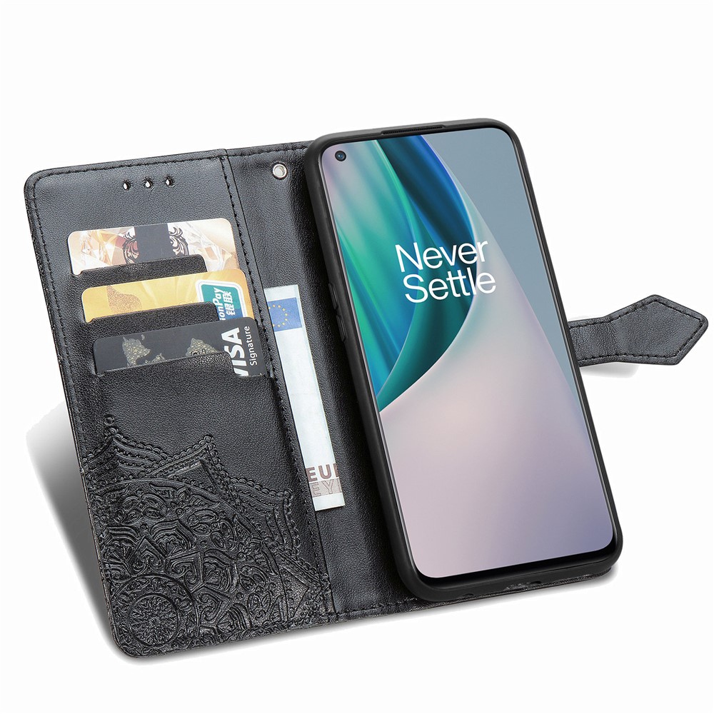 Embossed Mandala Flower Leather Case with Wallet Stand for OnePlus Nord N10 5G - Black-8
