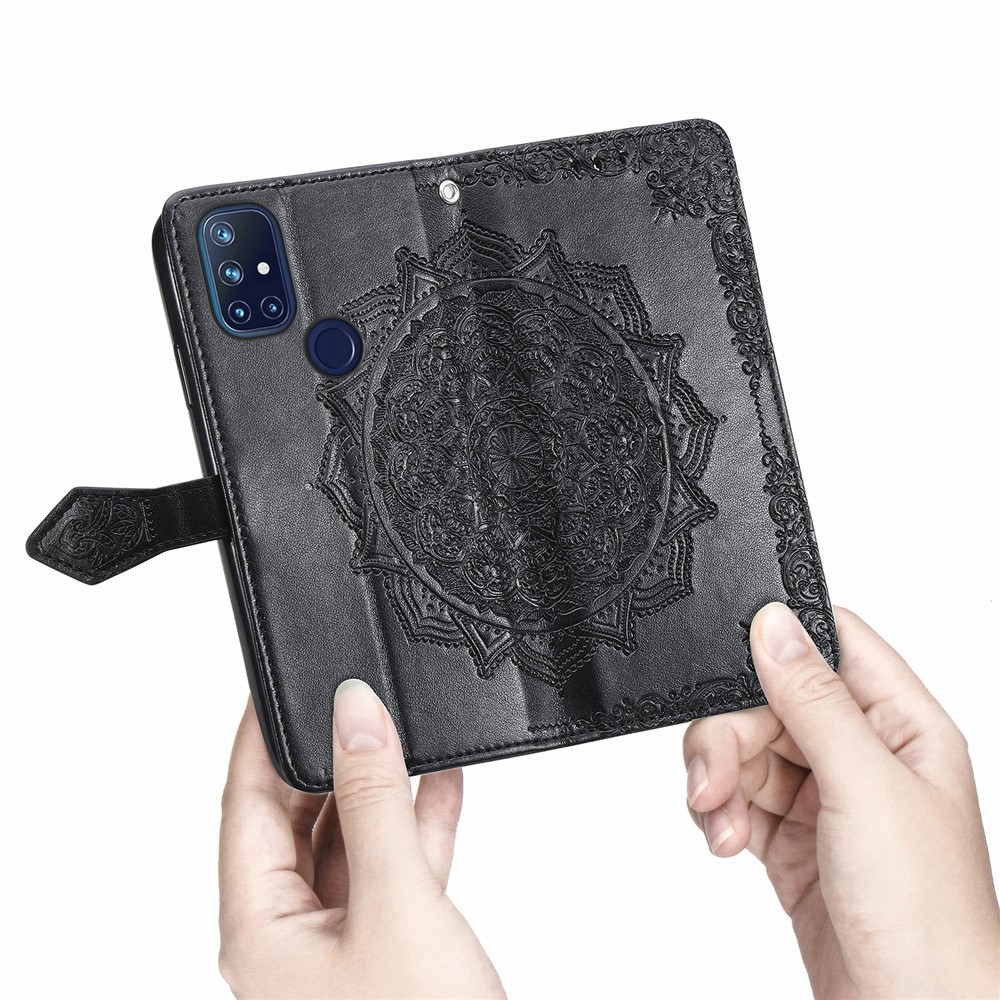 Embossed Mandala Flower Leather Case with Wallet Stand for OnePlus Nord N10 5G - Black-9