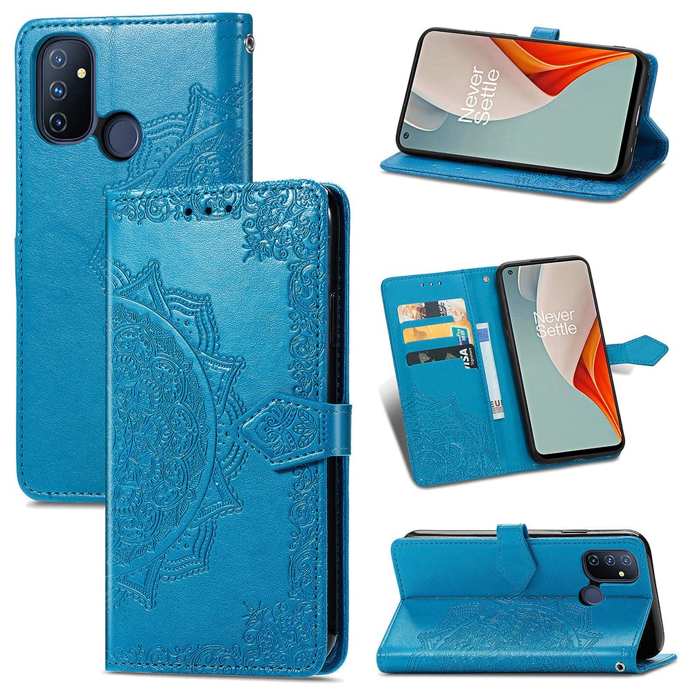 Embossed Mandala Flower Leather Case with Wallet Stand for OnePlus Nord N100 - Blue-1