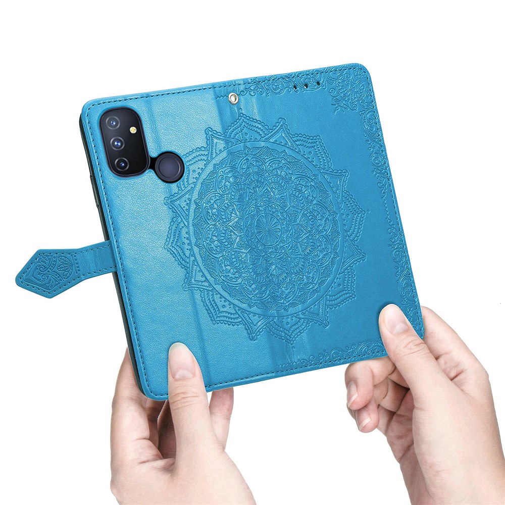 Embossed Mandala Flower Leather Case with Wallet Stand for OnePlus Nord N100 - Blue-10