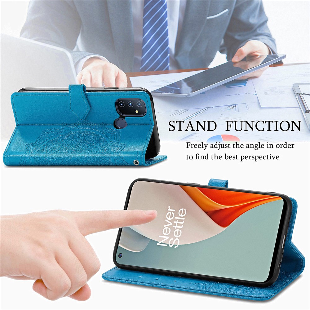 Embossed Mandala Flower Leather Case with Wallet Stand for OnePlus Nord N100 - Blue-11