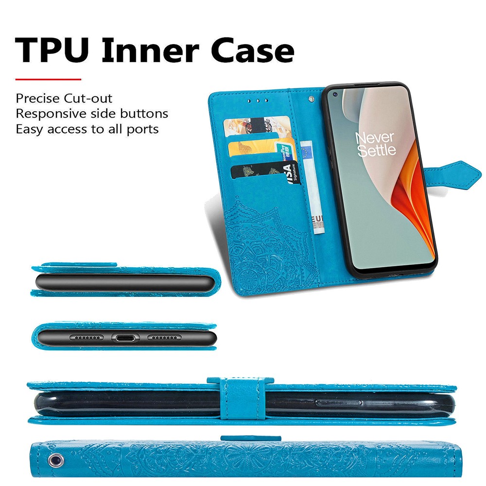 Embossed Mandala Flower Leather Case with Wallet Stand for OnePlus Nord N100 - Blue-12